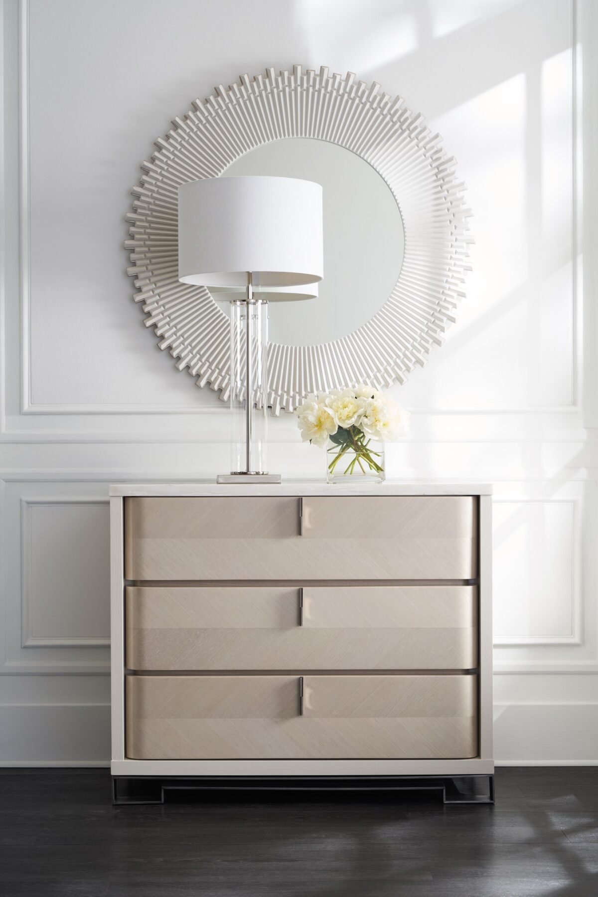 Sleek hallway table featuring a gently curved silhouette and elegant wood finish.