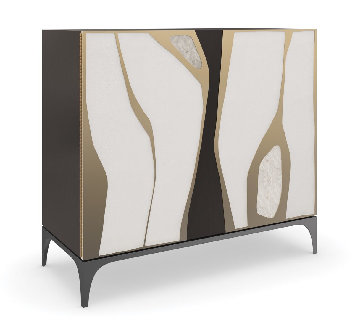 The Caracole "Downtown" bar cabinet, a luxurious and modern chest with door fronts framed in Chocolate Truffle lacquer, featuring a tactile mix of faux shagreen and Café Latte hand-printed resin with a Brushed Gold overlay, and resting on a Tungsten metal base.
