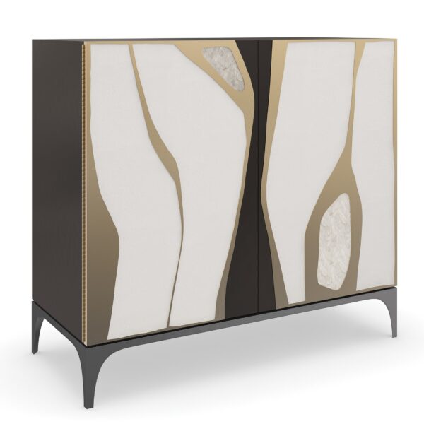 The Caracole "Downtown" bar cabinet, a luxurious and modern chest with door fronts framed in Chocolate Truffle lacquer, featuring a tactile mix of faux shagreen and Café Latte hand-printed resin with a Brushed Gold overlay, and resting on a Tungsten metal base.