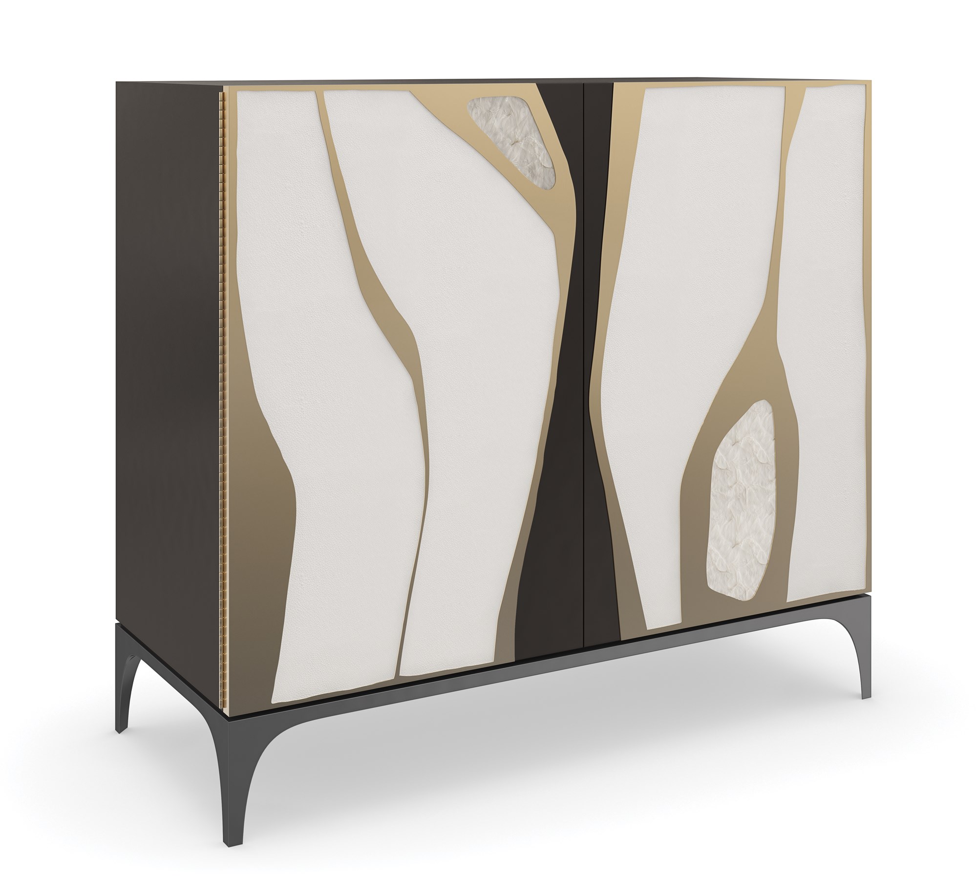 The Caracole "Downtown" bar cabinet, a luxurious and modern chest with door fronts framed in Chocolate Truffle lacquer, featuring a tactile mix of faux shagreen and Café Latte hand-printed resin with a Brushed Gold overlay, and resting on a Tungsten metal base.
