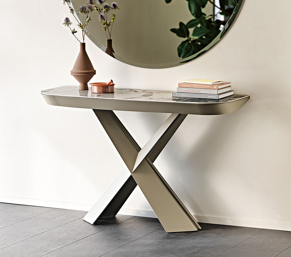 “TERMINAL Keramik Drive by Cattelan Italia – modern extendable console table with ceramic top and sculptural metal base”