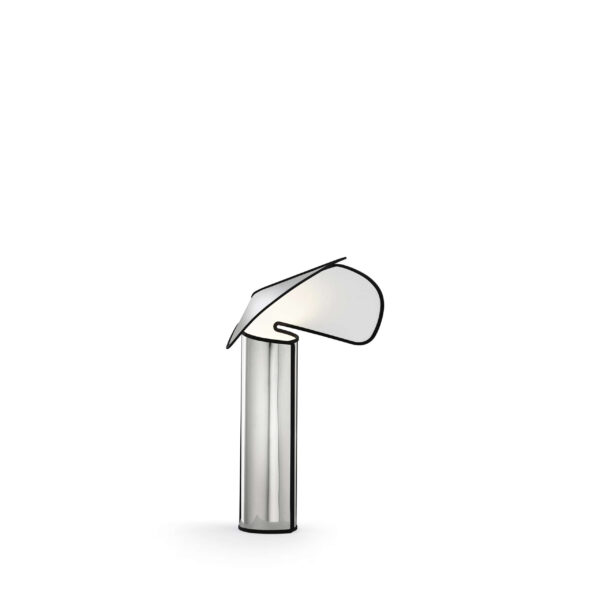 Chiara Table by Flos, Chiara Table Lamp by Flos in polished aluminum with TPU edge seal, front view in a Royal Oak Michigan showroom