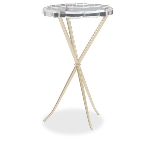Caracole In A Tizzy Side Table featuring a clear acrylic top with sculptural metal legs finished in Neutral Metallic, perfect for modern living spaces.