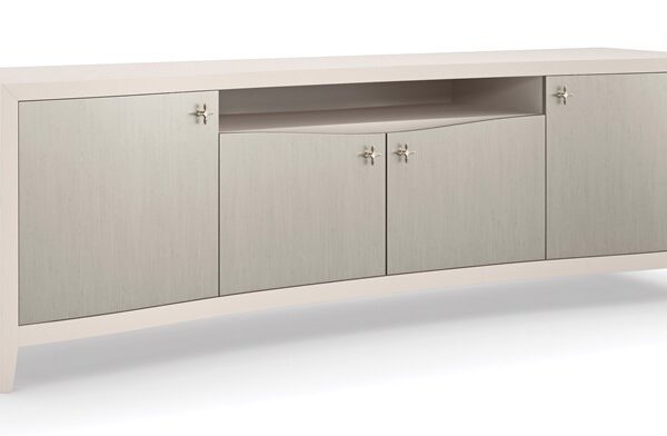 The Full of Charm Media Console by Caracole features a Matte Pearl finish, Silver Charm door fronts, pinstriped end panels, and ample storage.