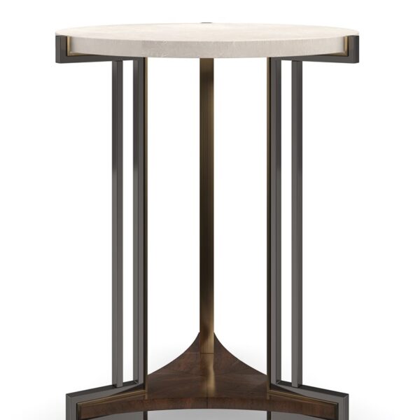Caracole Key Element Accent Table with a Soft Silver Leaf top, Rich Walnut shelf, and Greek Key metal legs finished in Deep Bronze and Platinum Gold for a sleek, modern design.