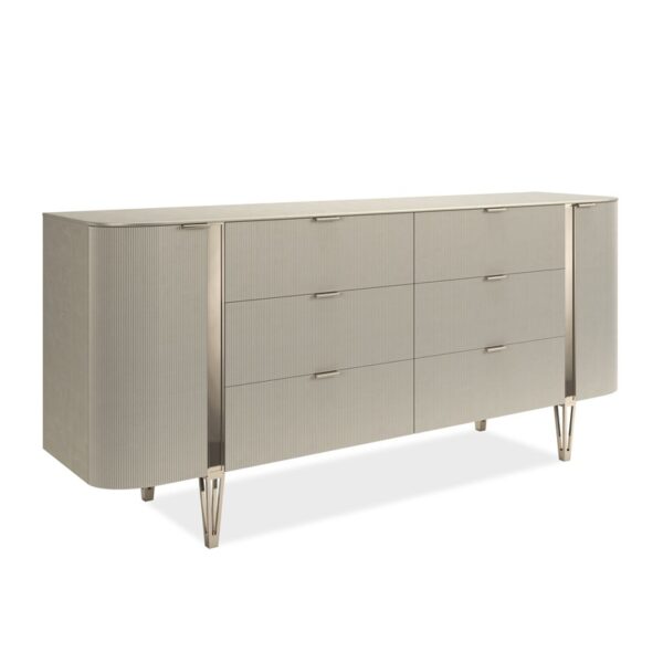 Love At First Sight 78 Dresser by Caracole — an elongated 78″‑wide curved‑front dresser with reeded case in Oracle or Dark Chocolate finish, featuring six central soft‑close drawers flanked by two end doors concealing interior shelves, all accented with Whisper‑of‑Gold metal bands and designer legs.