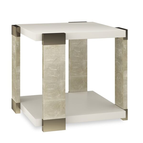 Caracole 'I'll Take The Corner' End Table featuring a sleek Almond Milk tabletop and Oracle wood posts with Whisper of Gold metal accents for a refined, contemporary look.