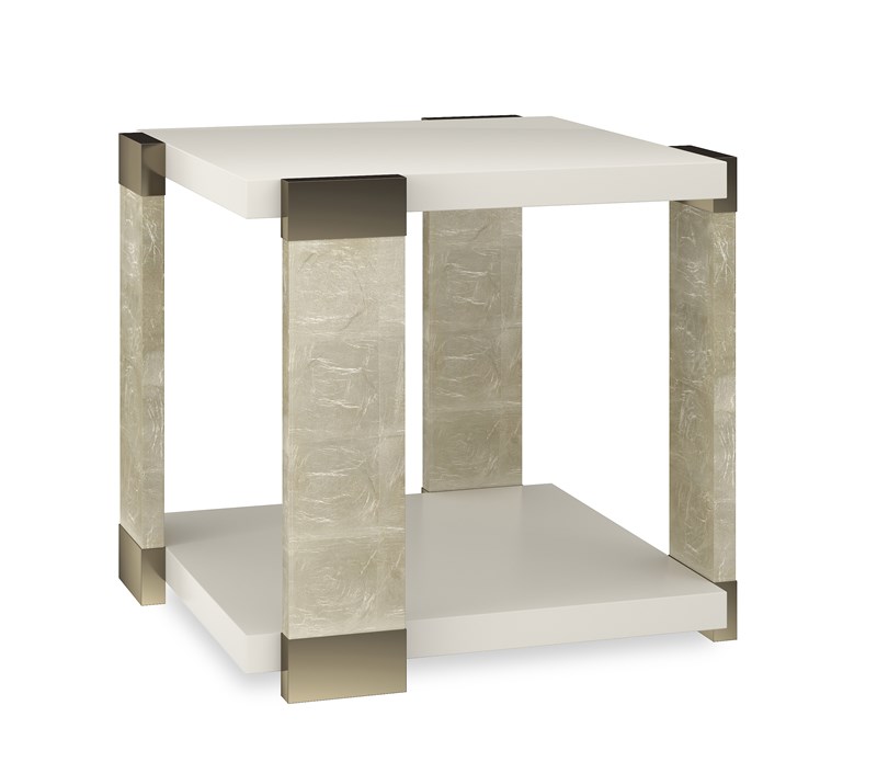 Caracole 'I'll Take The Corner' End Table featuring a sleek Almond Milk tabletop and Oracle wood posts with Whisper of Gold metal accents for a refined, contemporary look.