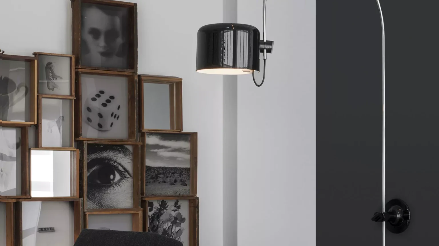 “Coupé by Oluce iconic Italian floor lamp – curved chrome stem with adjustable dome-shaped aluminum reflector”
