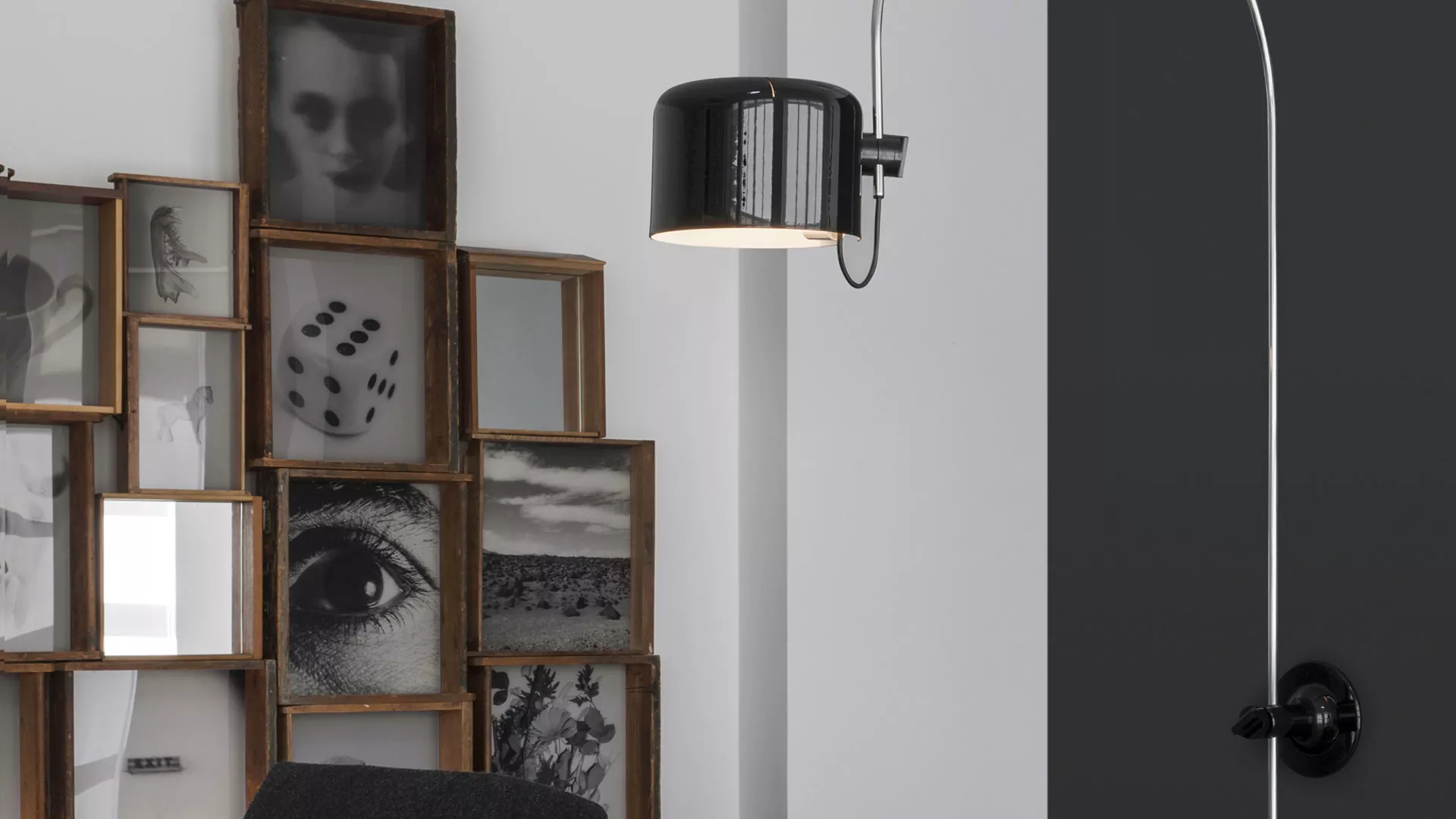 “Coupé by Oluce iconic Italian floor lamp – curved chrome stem with adjustable dome-shaped aluminum reflector”