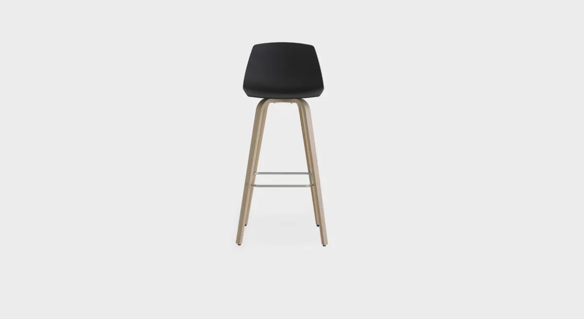 Lapalma Miunn S105 H75 bar stool with wooden legs in blanched oak or black open-pore finish, featuring a 3D-molded plywood shell seat, and matte chromed steel footrest.