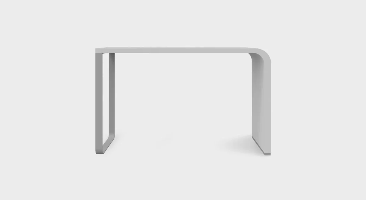 Lapalma H110 modular high table with curved honeycomb board top, white laminate, and matte chromed metal base with adjustable feet.