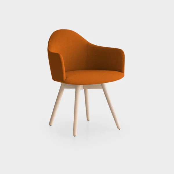 “Lapalma Edit S570 armchair with rigid polyurethane Baydur® shell, upholstered in soft grey fabric, and solid ash wood legs in natural finish.”