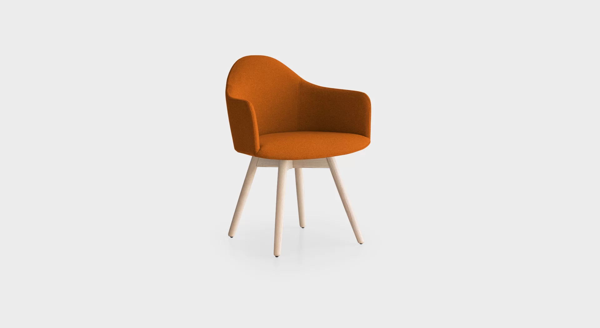 “Lapalma Edit S570 armchair with rigid polyurethane Baydur® shell, upholstered in soft grey fabric, and solid ash wood legs in natural finish.”