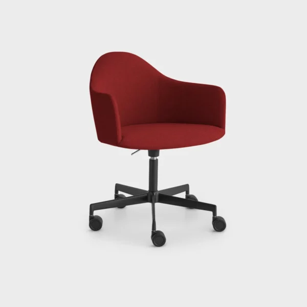“Lapalma Edit S575 armchair with high backrest and ergonomic shell, upholstered in soft grey fabric, set on a height-adjustable 5-star base with castors.”