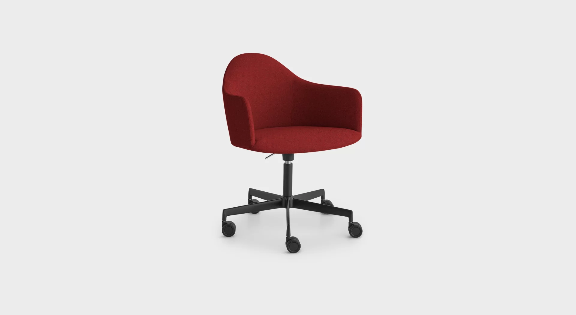 “Lapalma Edit S575 armchair with high backrest and ergonomic shell, upholstered in soft grey fabric, set on a height-adjustable 5-star base with castors.”