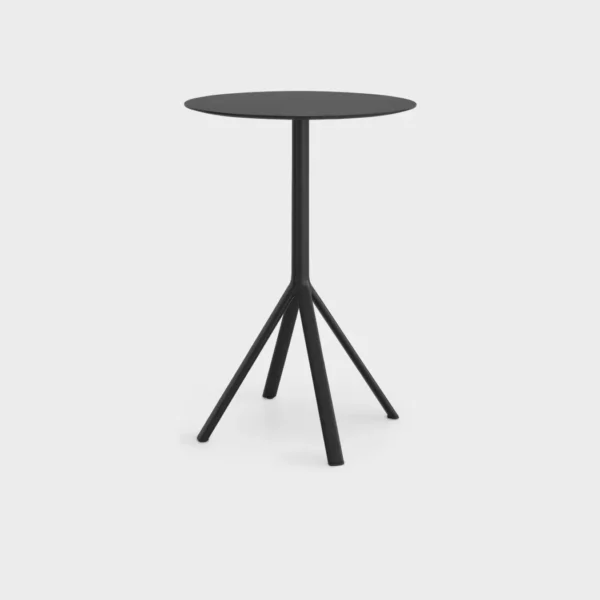 “Lapalma P121 H110 high table with Ø70 cm Fenix® top in black, supported by a minimalist aluminum base with elliptical-section legs in black powder coating.”