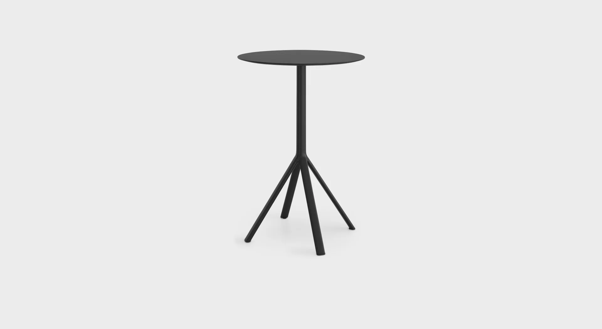 “Lapalma P121 H110 high table with Ø70 cm Fenix® top in black, supported by a minimalist aluminum base with elliptical-section legs in black powder coating.”