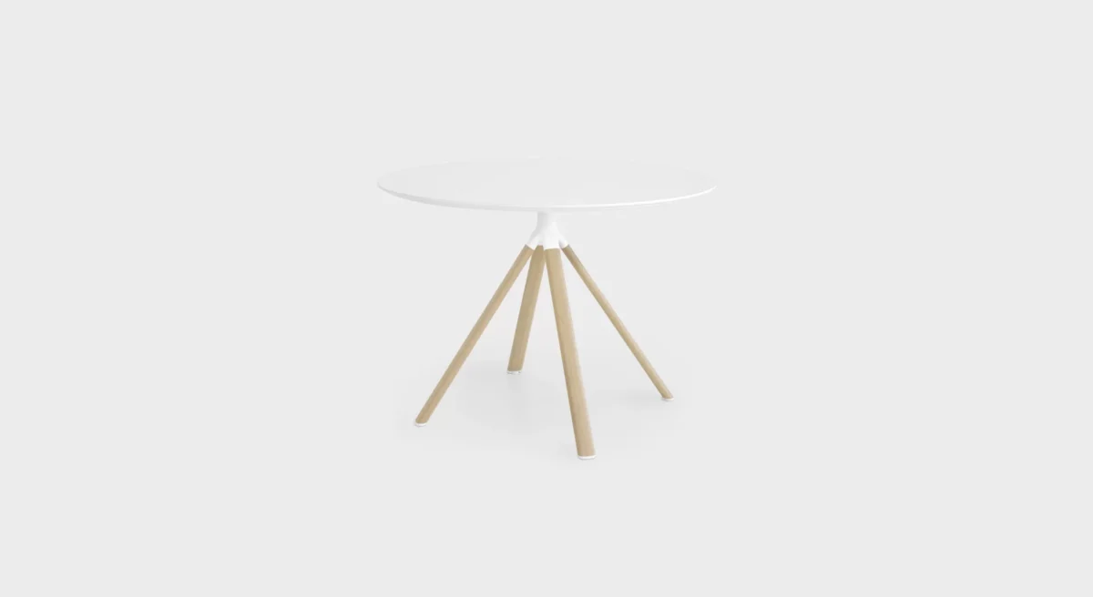 “Lapalma P124 table (H74 cm) with a round wood veneer top and slender powder‑coated steel legs—clean, modern Italian design.”