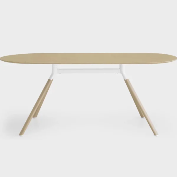 Lapalma Fork P127 H74 table with elliptical aluminum base and wooden legs, featuring a birch plywood top with oak veneer in natural finish.
