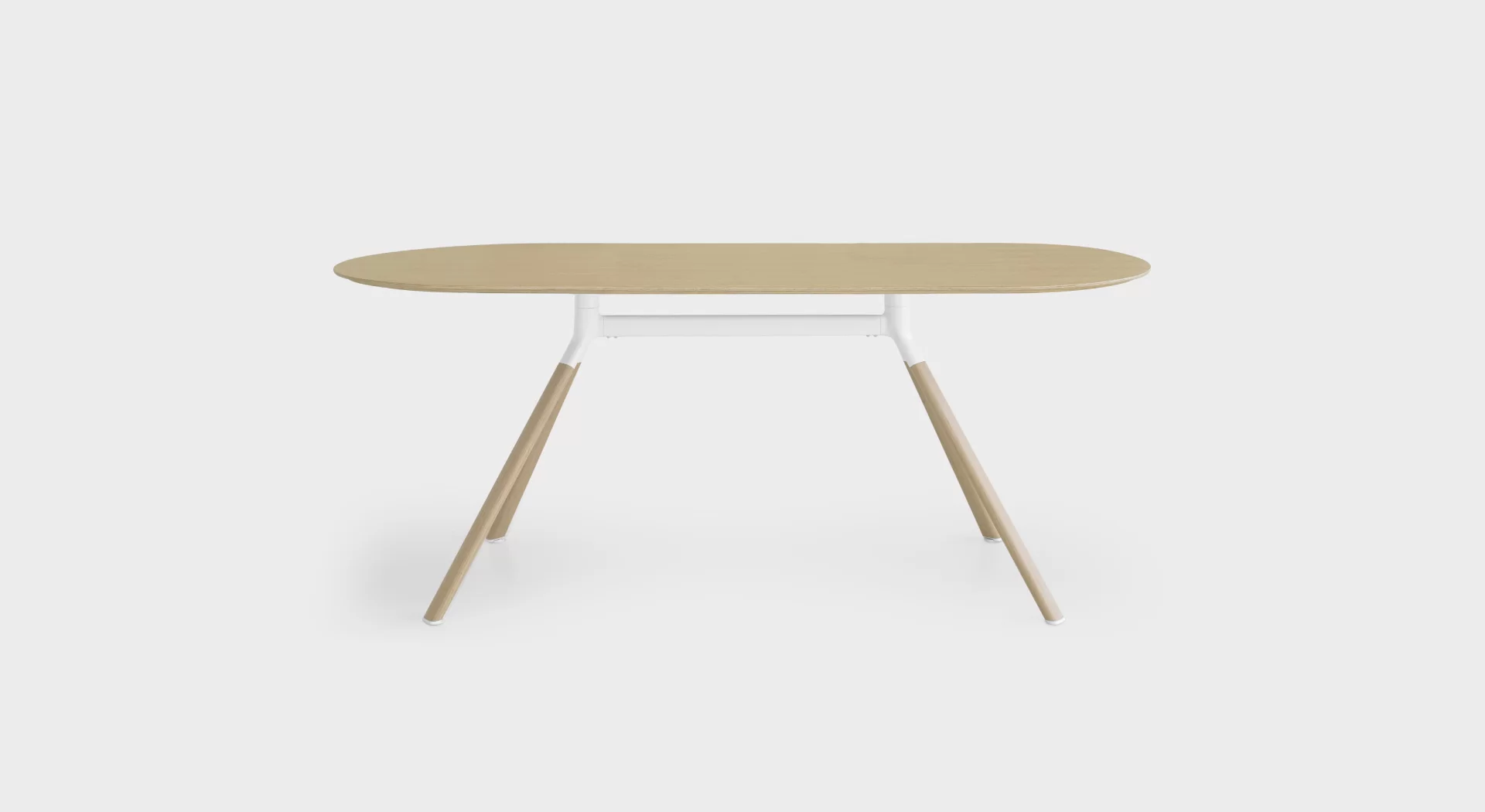 Lapalma Fork P127 H74 table with elliptical aluminum base and wooden legs, featuring a birch plywood top with oak veneer in natural finish.