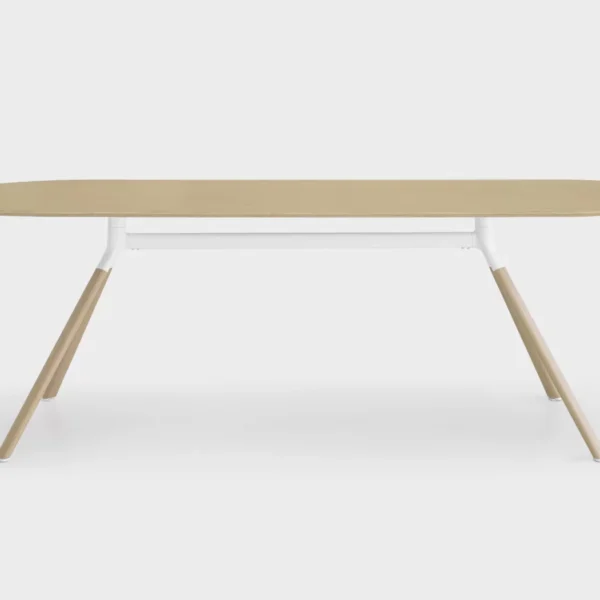 Lapalma Fork P128 H74 dining table with elliptical aluminum base and wooden legs, featuring a birch plywood top with oak veneer in natural finish.