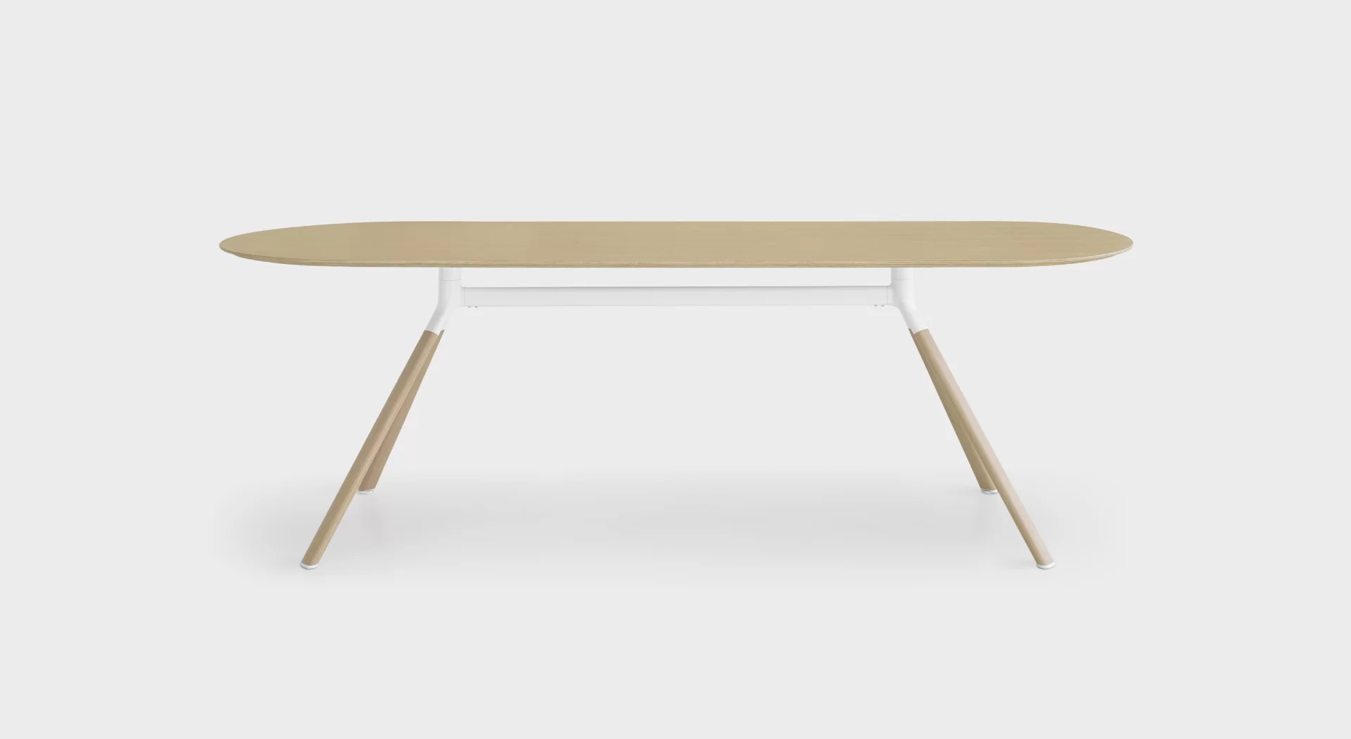 Lapalma Fork P128 H74 dining table with elliptical aluminum base and wooden legs, featuring a birch plywood top with oak veneer in natural finish.