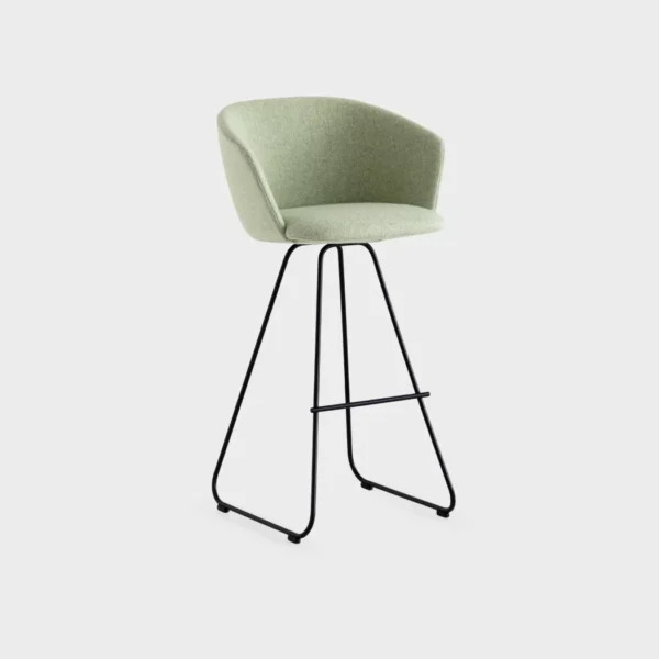 “Lapalma Glove S473 bar stool with high backrest and sled base, upholstered in soft grey fabric, placed in a modern kitchen setting.”