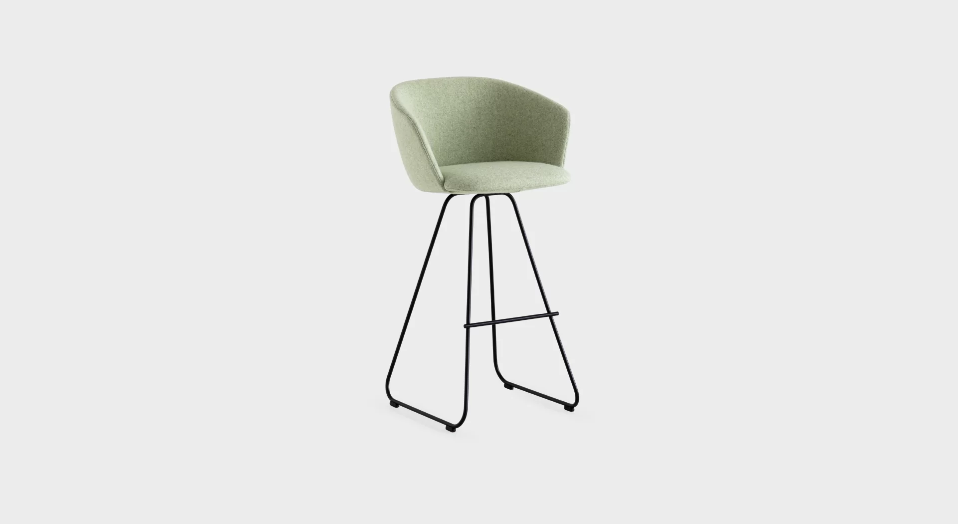 “Lapalma Glove S473 bar stool with high backrest and sled base, upholstered in soft grey fabric, placed in a modern kitchen setting.”