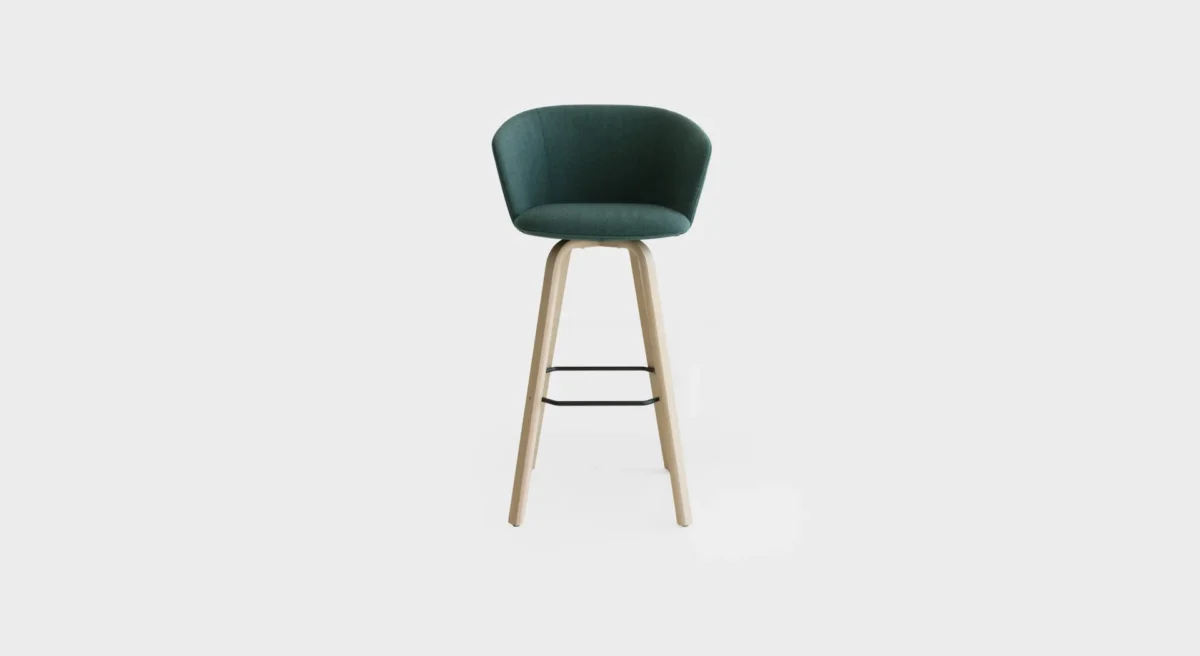 “Lapalma Glove S475 high stool with wooden base in bleached oak, featuring a high backrest and footrest, upholstered in soft grey fabric—perfect for contemporary kitchens.”