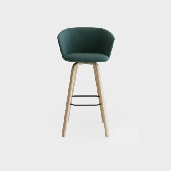 “Lapalma Glove S475 high stool with wooden base in bleached oak, featuring a high backrest and footrest, upholstered in soft grey fabric—perfect for contemporary kitchens.”