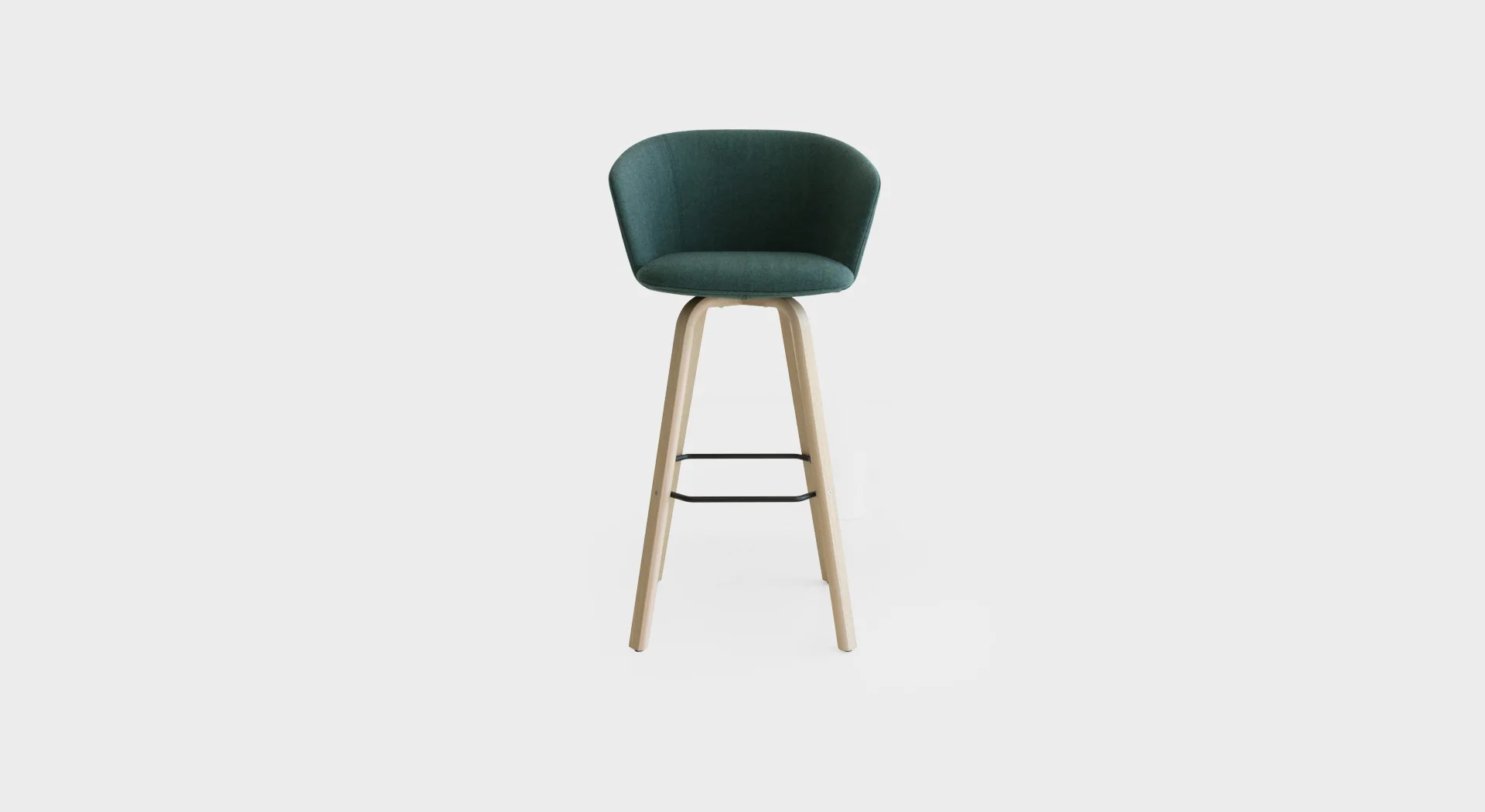 “Lapalma Glove S475 high stool with wooden base in bleached oak, featuring a high backrest and footrest, upholstered in soft grey fabric—perfect for contemporary kitchens.”