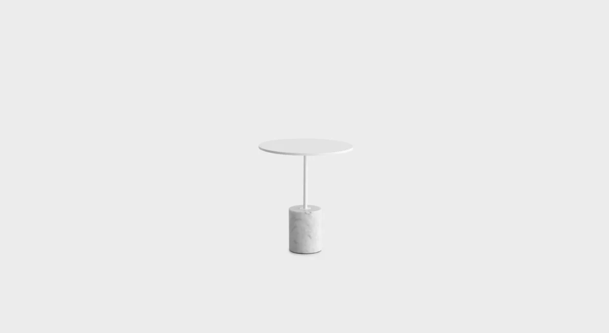 Lapalma JEY ET40 outdoor table with cylindrical base in concrete or marble, topped with a sturdy 10mm HPL Fenix® laminate in various shapes and finishes.