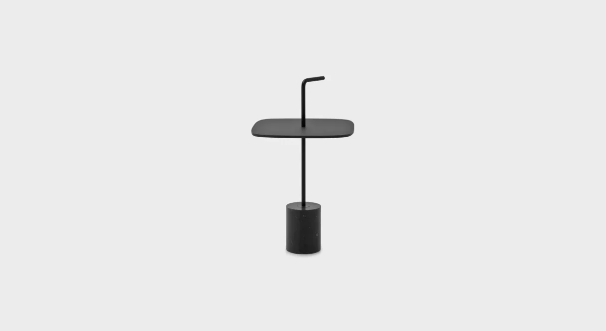 Lapalma Jey ET41 outdoor side table with Carrara marble base and black steel stem, featuring a minimalist design and HPL Fenix® top.