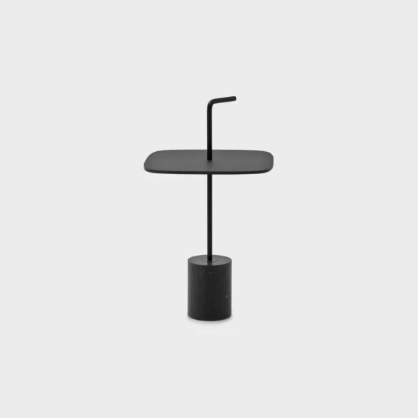 Lapalma Jey ET41 outdoor side table with Carrara marble base and black steel stem, featuring a minimalist design and HPL Fenix® top.