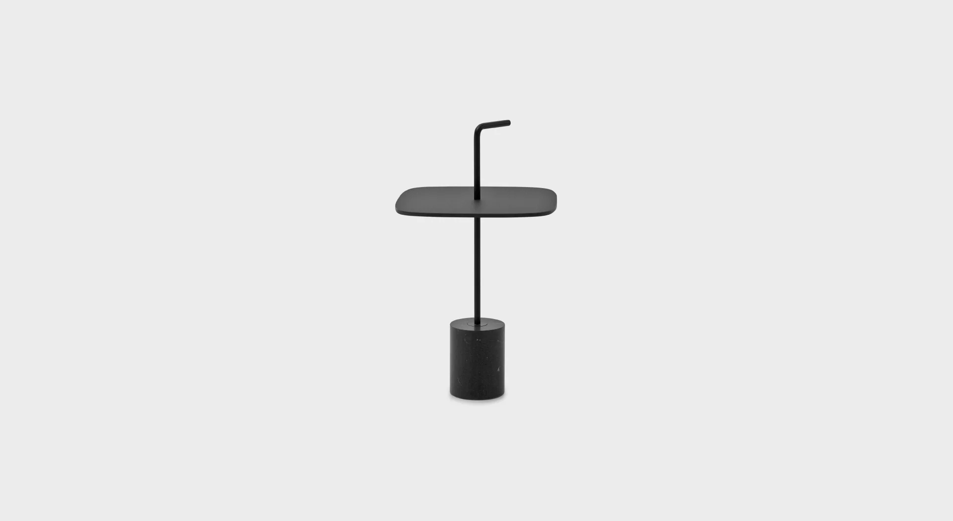 Lapalma Jey ET41 outdoor side table with Carrara marble base and black steel stem, featuring a minimalist design and HPL Fenix® top.