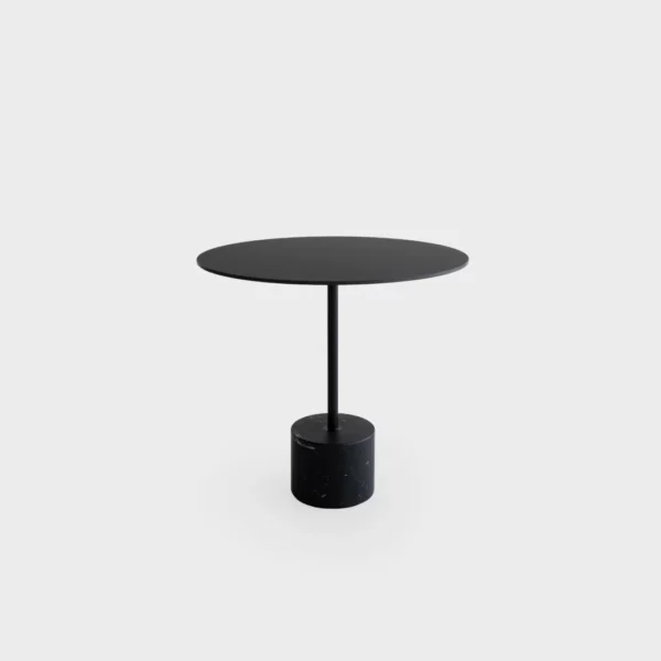 Lapalma Jey EP381 outdoor table with a unique marble base and black powder-coated stainless steel stem, topped with a white HPL Fenix® surface.