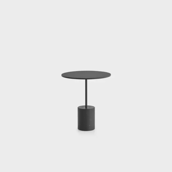 “Lapalma Jey T40 side table with a round HPL top and cylindrical Carrara marble base, connected by a slim steel stem—ideal for modern lounge settings.”