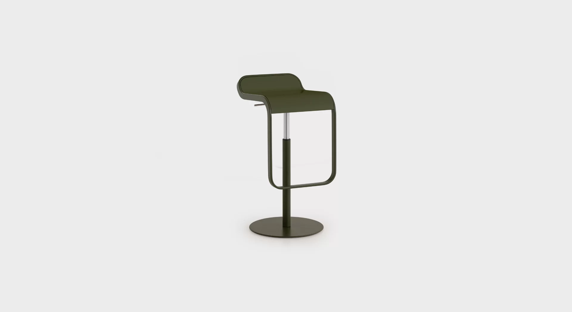 Lapalma LEM S79 bar stool with height-adjustable gas lift (55–67 cm), matte chrome base, and molded plywood seat.