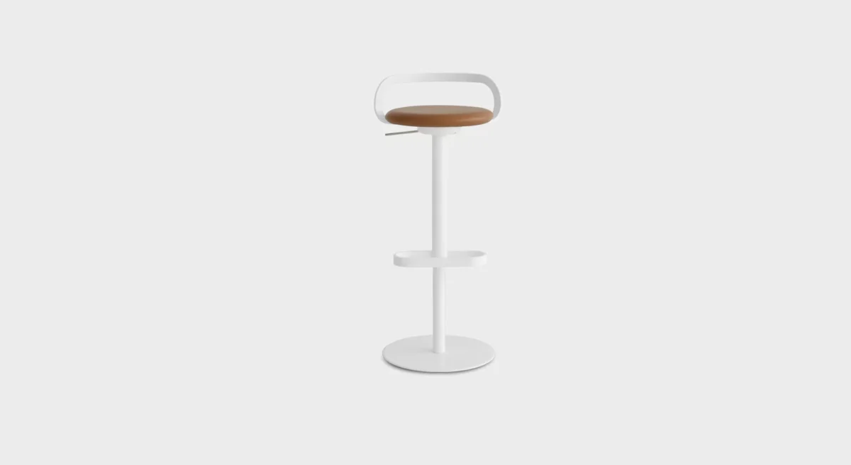 Height-adjustable Lapalma Mak S110 bar stool with swivel seat, powder-coated metal frame, and luxurious upholstered MDF seat for modern interiors.