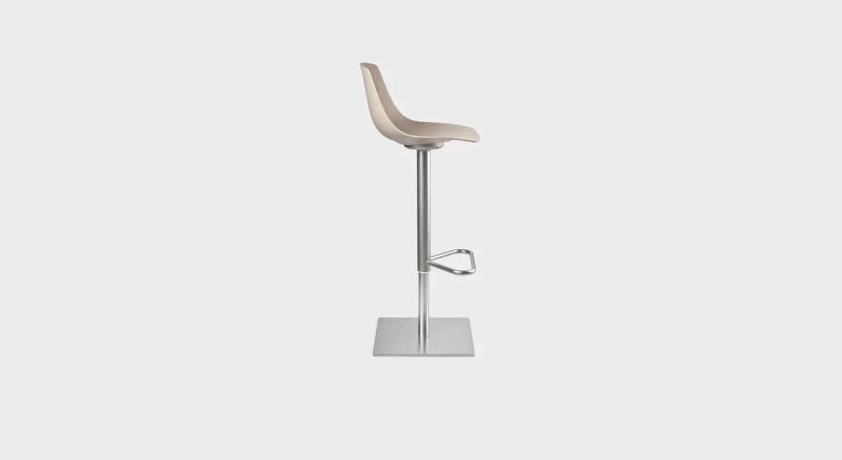 Lapalma Miunn S104T adjustable bar stool with swivel seat, sandblasted stainless steel column, and round base covered by a stainless steel sheet with 'linen fabric' pattern.