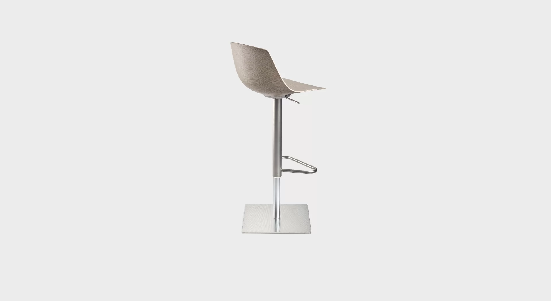 Lapalma Miunn S104T adjustable bar stool with swivel seat, sandblasted stainless steel column, and round base covered by a stainless steel sheet with 'linen fabric' pattern.