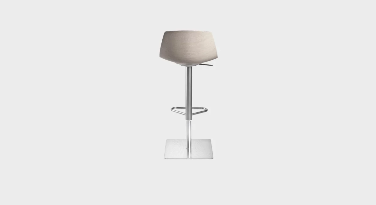 Lapalma Miunn S104T adjustable bar stool with swivel seat, sandblasted stainless steel column, and round base covered by a stainless steel sheet with 'linen fabric' pattern.