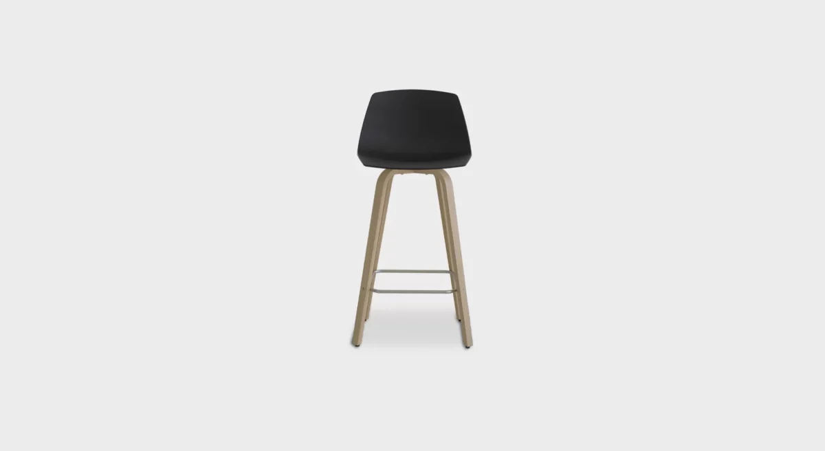 Lapalma Miunn S105 H65 counter stool with wooden legs in blanched oak or black open-pore finish, featuring a 3D-molded plywood shell seat, and matte chromed steel footrest.