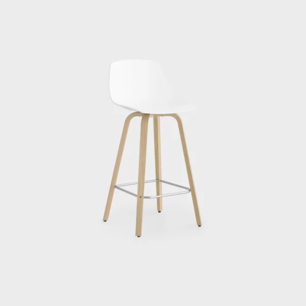 Lapalma Miunn S105 H65 counter stool with wooden legs in blanched oak or black open-pore finish, featuring a 3D-molded plywood shell seat, and matte chromed steel footrest.