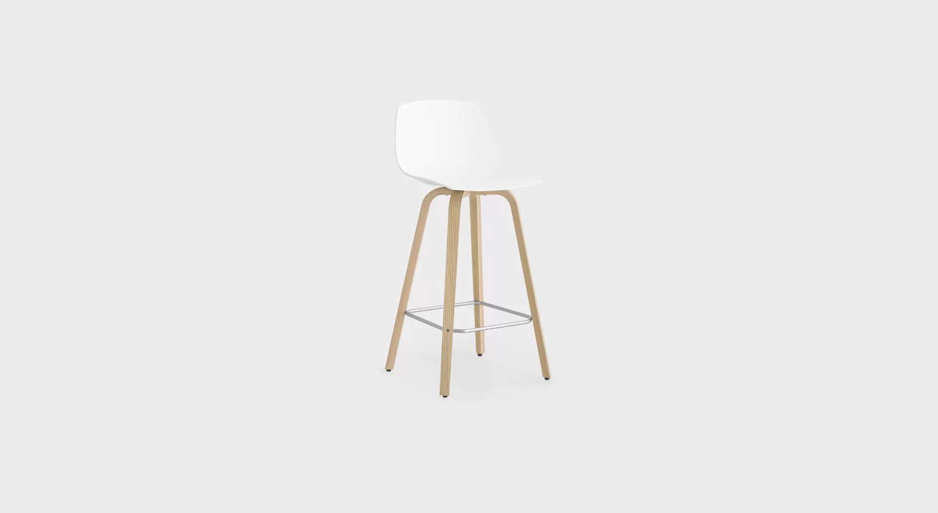 Lapalma Miunn S105 H65 counter stool with wooden legs in blanched oak or black open-pore finish, featuring a 3D-molded plywood shell seat, and matte chromed steel footrest.