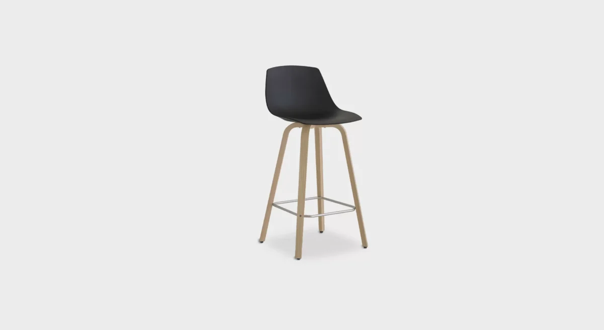 Lapalma Miunn S105 H65 counter stool with wooden legs in blanched oak or black open-pore finish, featuring a 3D-molded plywood shell seat, and matte chromed steel footrest.