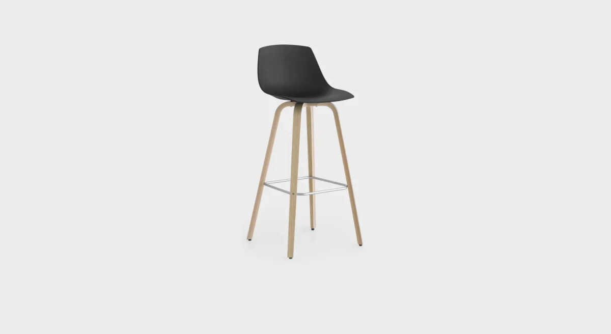 Lapalma Miunn S105 H75 bar stool with wooden legs in blanched oak or black open-pore finish, featuring a 3D-molded plywood shell seat, and matte chromed steel footrest.