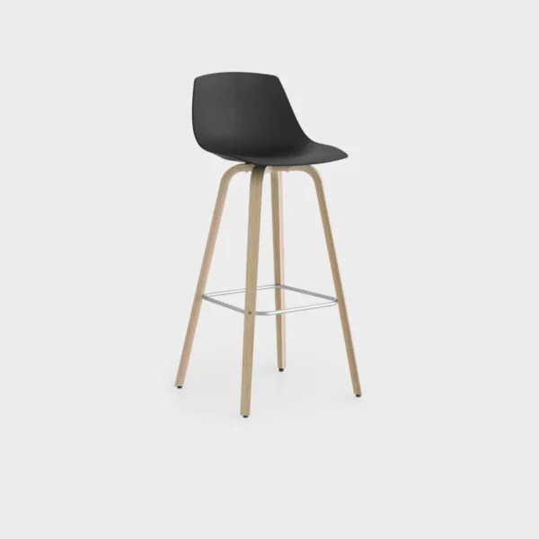 Lapalma Miunn S105 H75 bar stool with wooden legs in blanched oak or black open-pore finish, featuring a 3D-molded plywood shell seat, and matte chromed steel footrest.