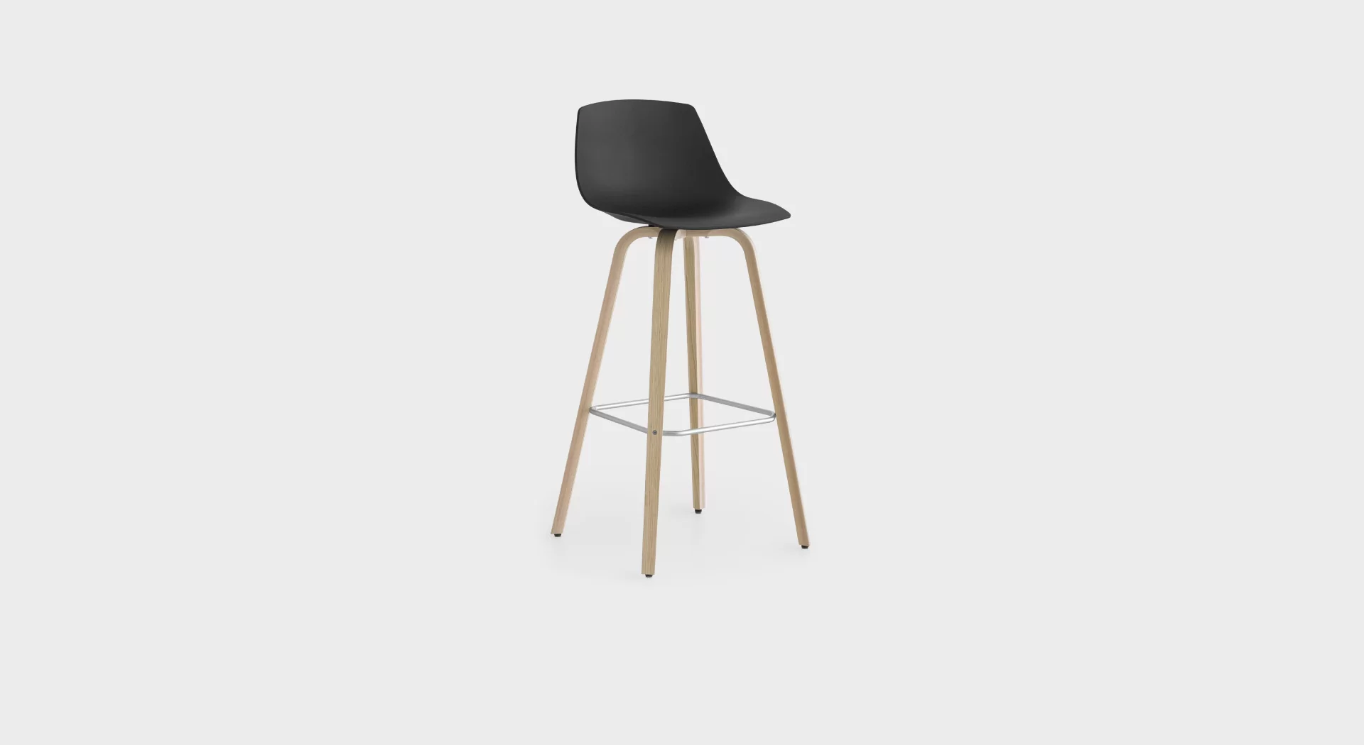 Lapalma Miunn S105 H75 bar stool with wooden legs in blanched oak or black open-pore finish, featuring a 3D-molded plywood shell seat, and matte chromed steel footrest.